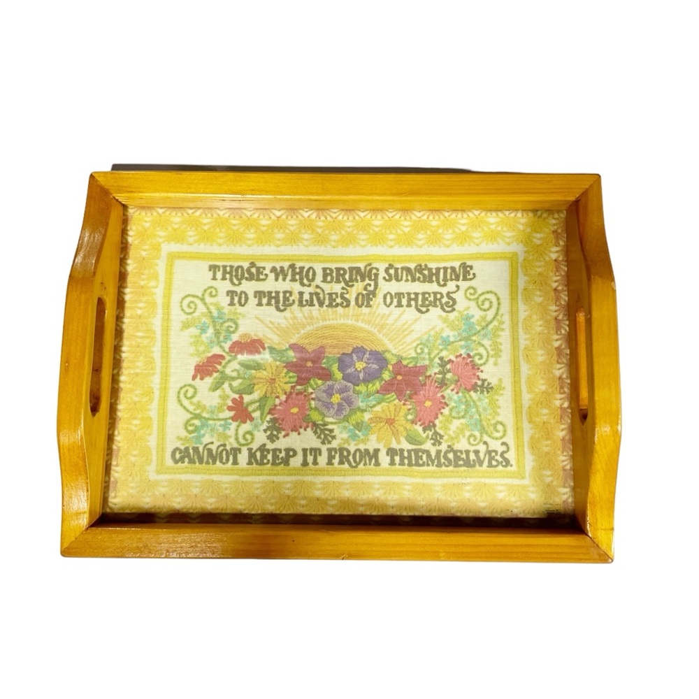Vintage Mid-Century Wooden Serving Tray Sunshine Flower Crochet Embroidery Print
